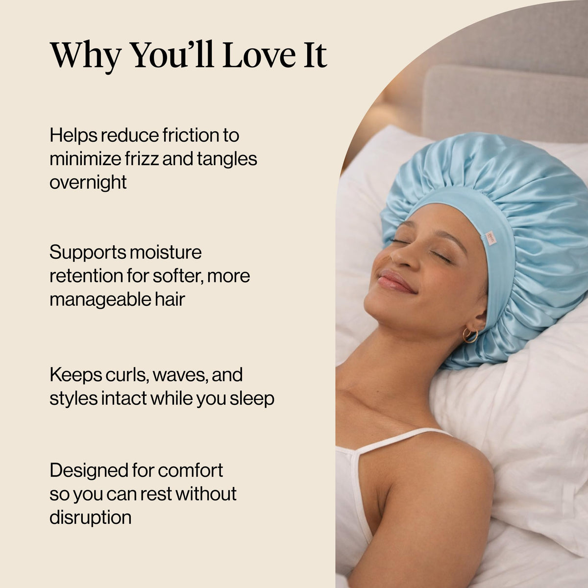 Kitsch bonnet covering heatless curlers to protect curls while sleeping