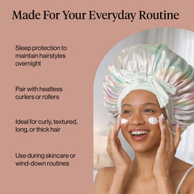 Kitsch bonnet protecting heatless curlers overnight to maintain bounce