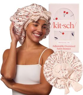 Kitsch bonnet front cherry print shows style and secure fit benefits