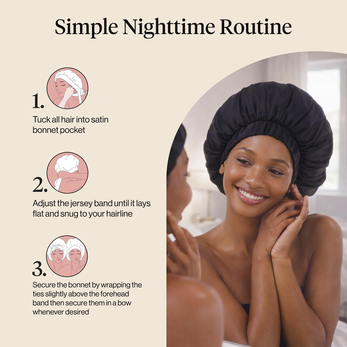 Kitsch bonnet on model sleeping demonstrating comfortable, secure wear
