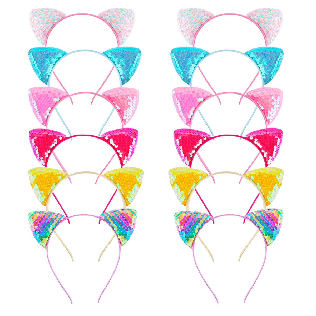 KIUSOWAYD front view of twelve colorful sequin cat ear headbands, vibrant party accessory