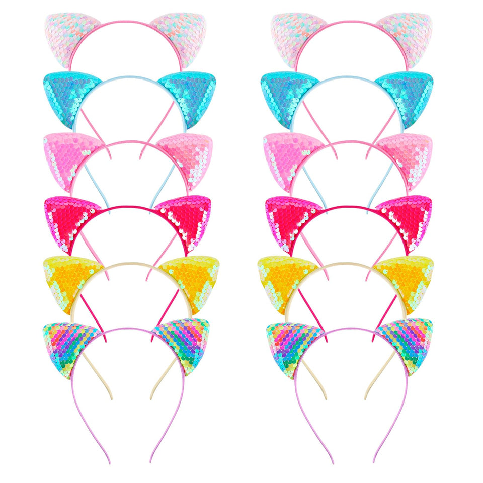 KIUSOWAYD front view of twelve colorful sequin cat ear headbands, vibrant party accessory
