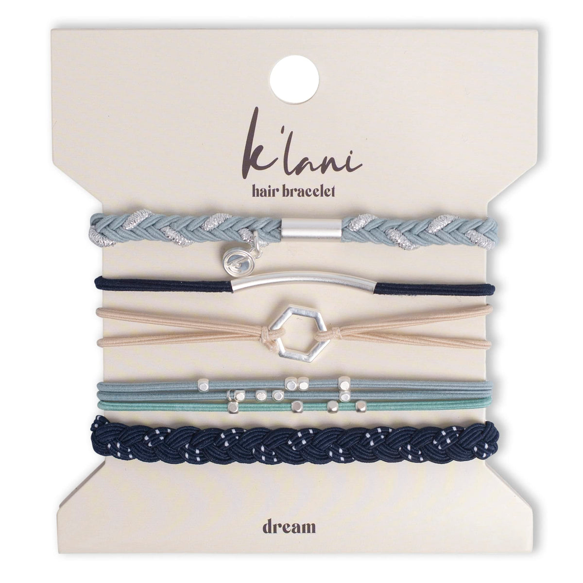 K'lani front packaging showing five Dream hair tie bracelets, stylish gift appeal