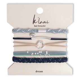 K'lani front packaging showing five Dream hair tie bracelets, stylish gift appeal