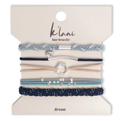K'lani front packaging showing five Dream hair tie bracelets, stylish gift appeal
