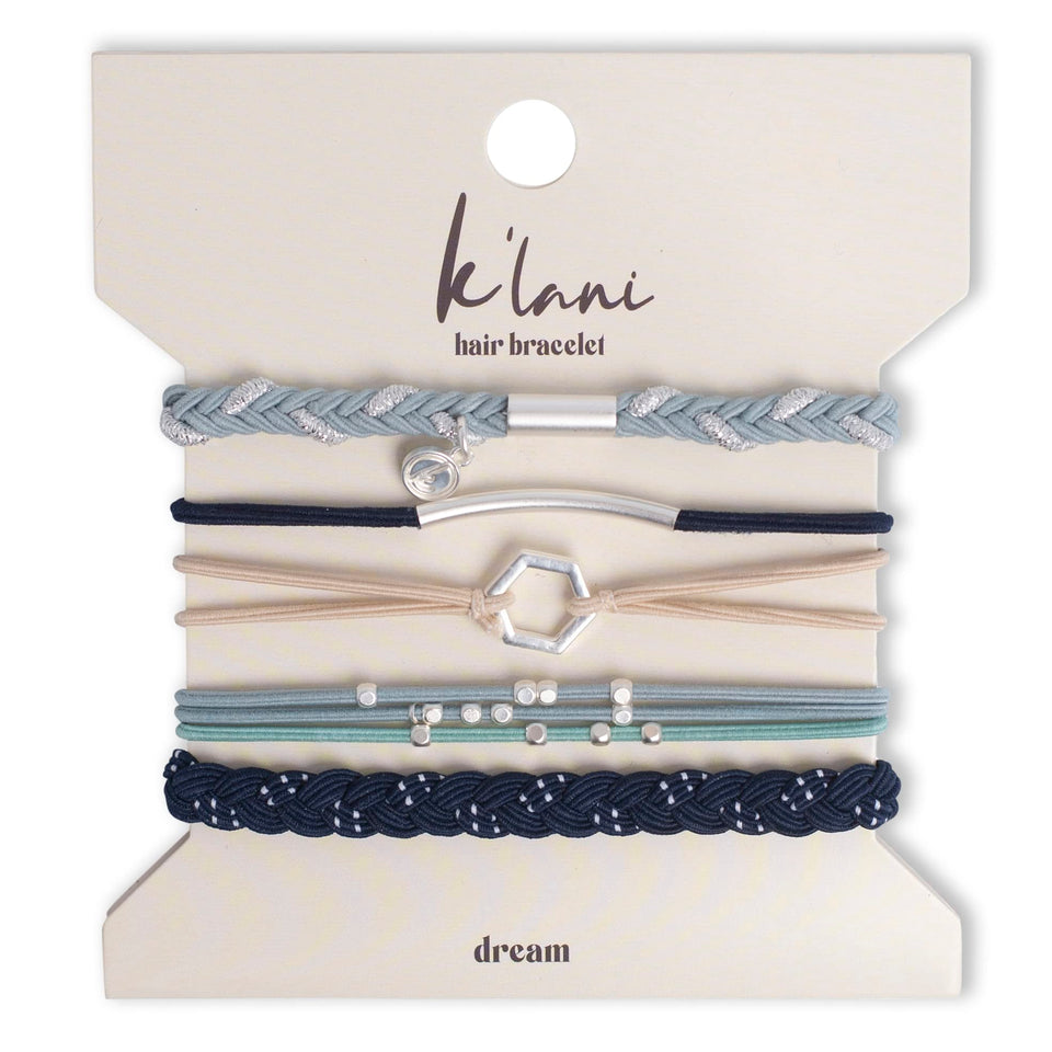 K'lani front packaging showing five Dream hair tie bracelets, stylish gift appeal