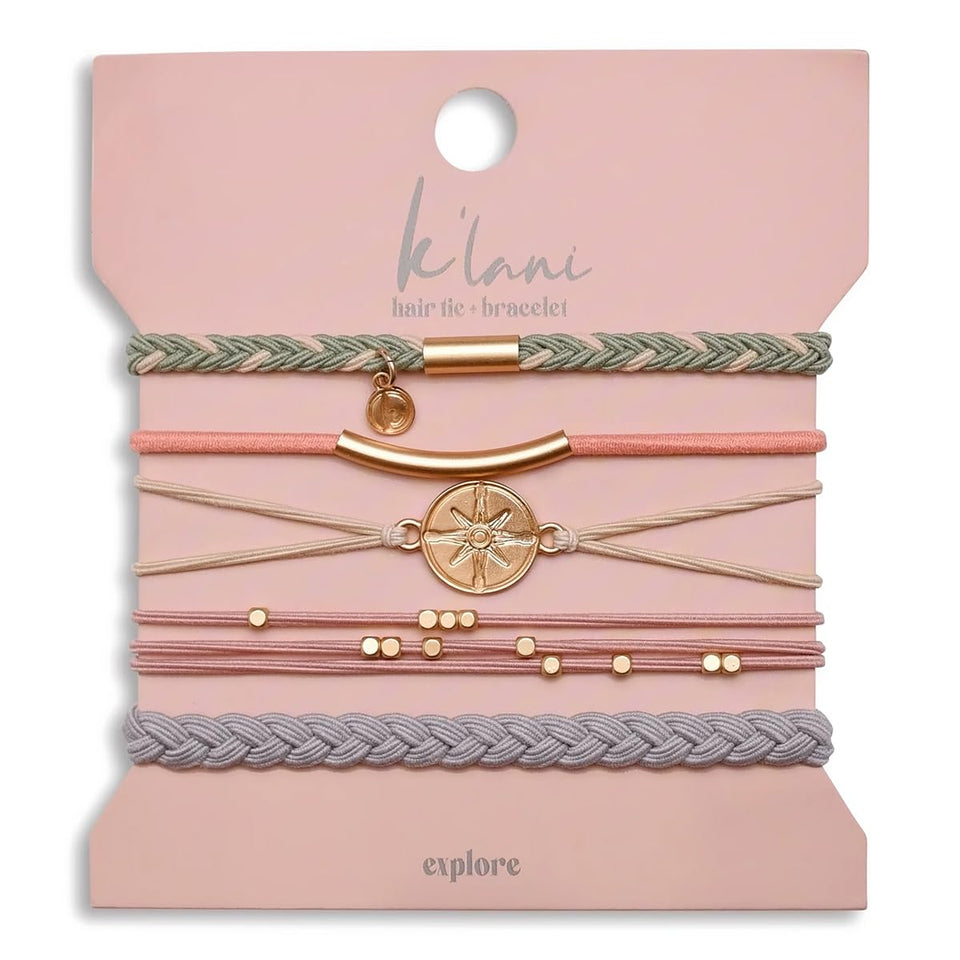 K'lani front packaging showing five coordinated hair tie bracelets and colors