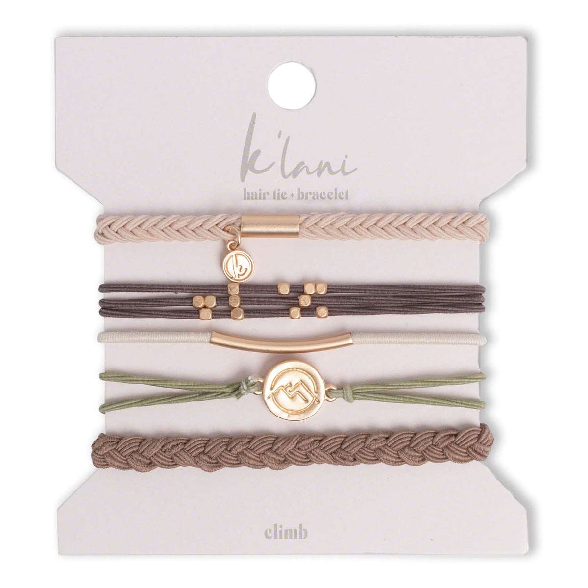 K'lani front packaging showing five color-coordinated hair tie bracelets and benefit: stylish gift-ready set