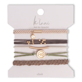 K'lani front packaging showing five color-coordinated hair tie bracelets and benefit: stylish gift-ready set