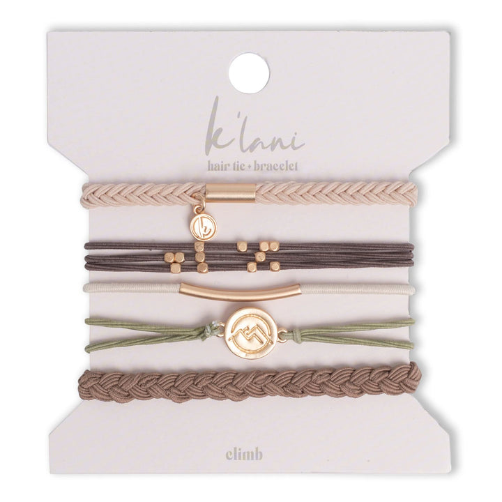 K'lani front packaging showing five color-coordinated hair tie bracelets and benefit: stylish gift-ready set