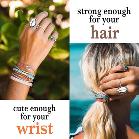K'lani hair ties beside a ruler showing medium size and scale for fit