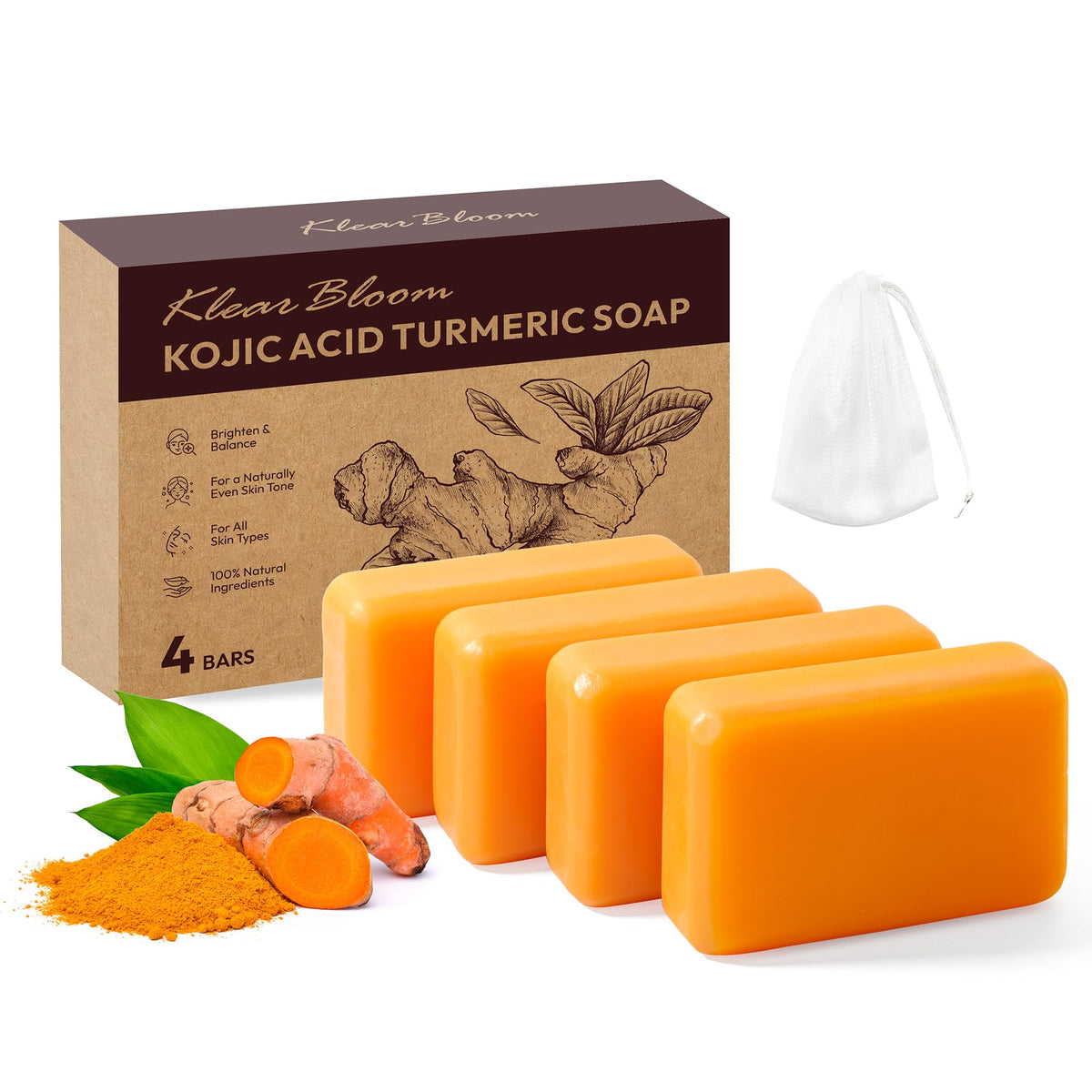 KlearBloom front packaging showing four brightening soap bars and benefits