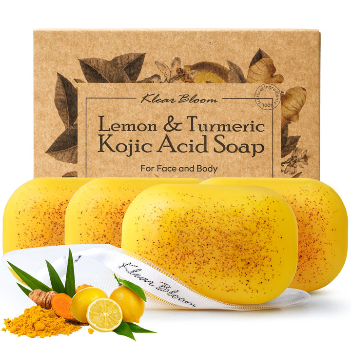 KlearBloom front packaging showing four lemon turmeric soap bars and benefits