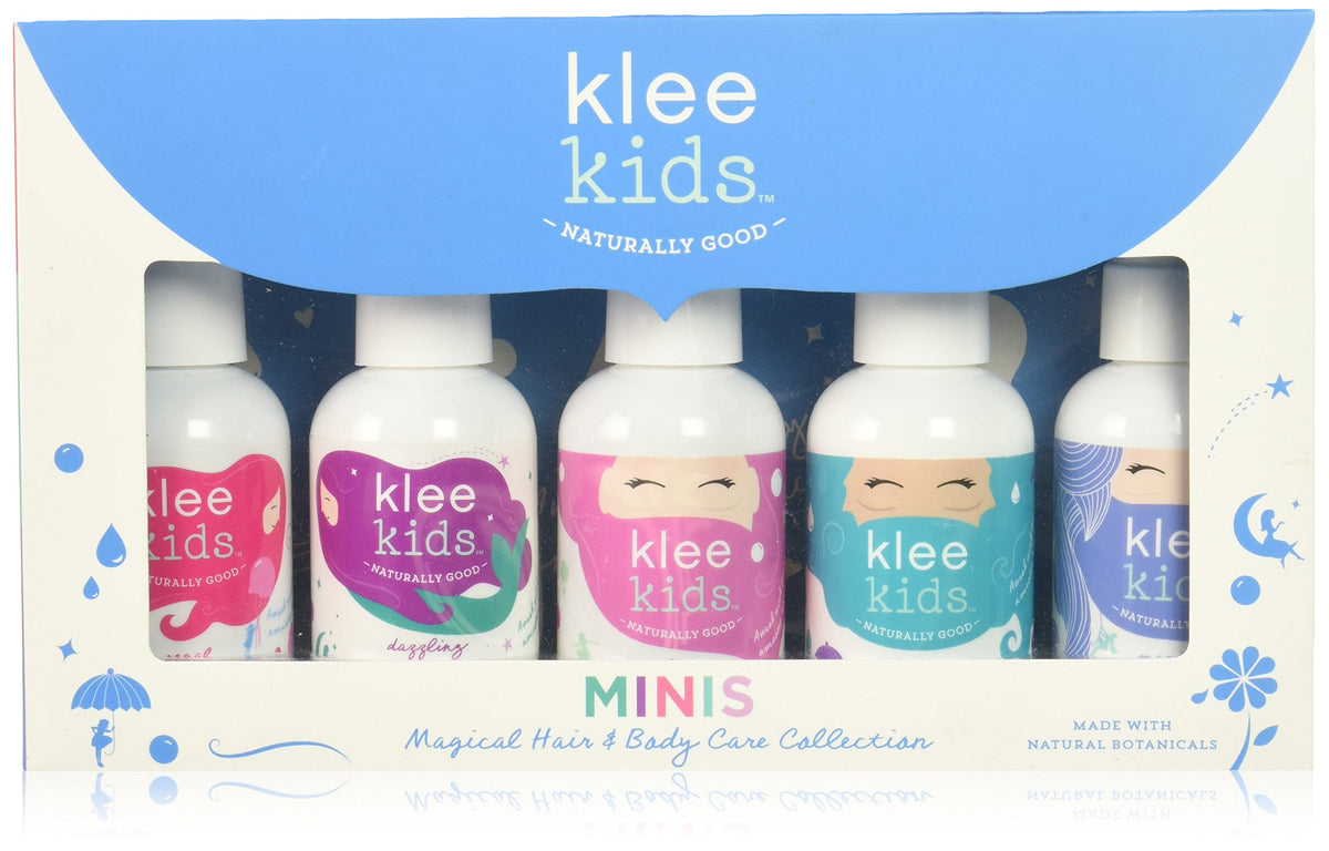 Klee Naturals front packaging showing five 2 oz travel bottles and ingredient callouts