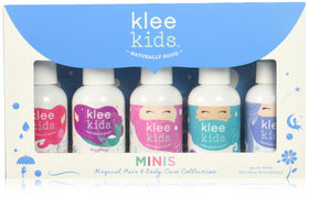 Klee Naturals front packaging showing five 2 oz travel bottles and ingredient callouts