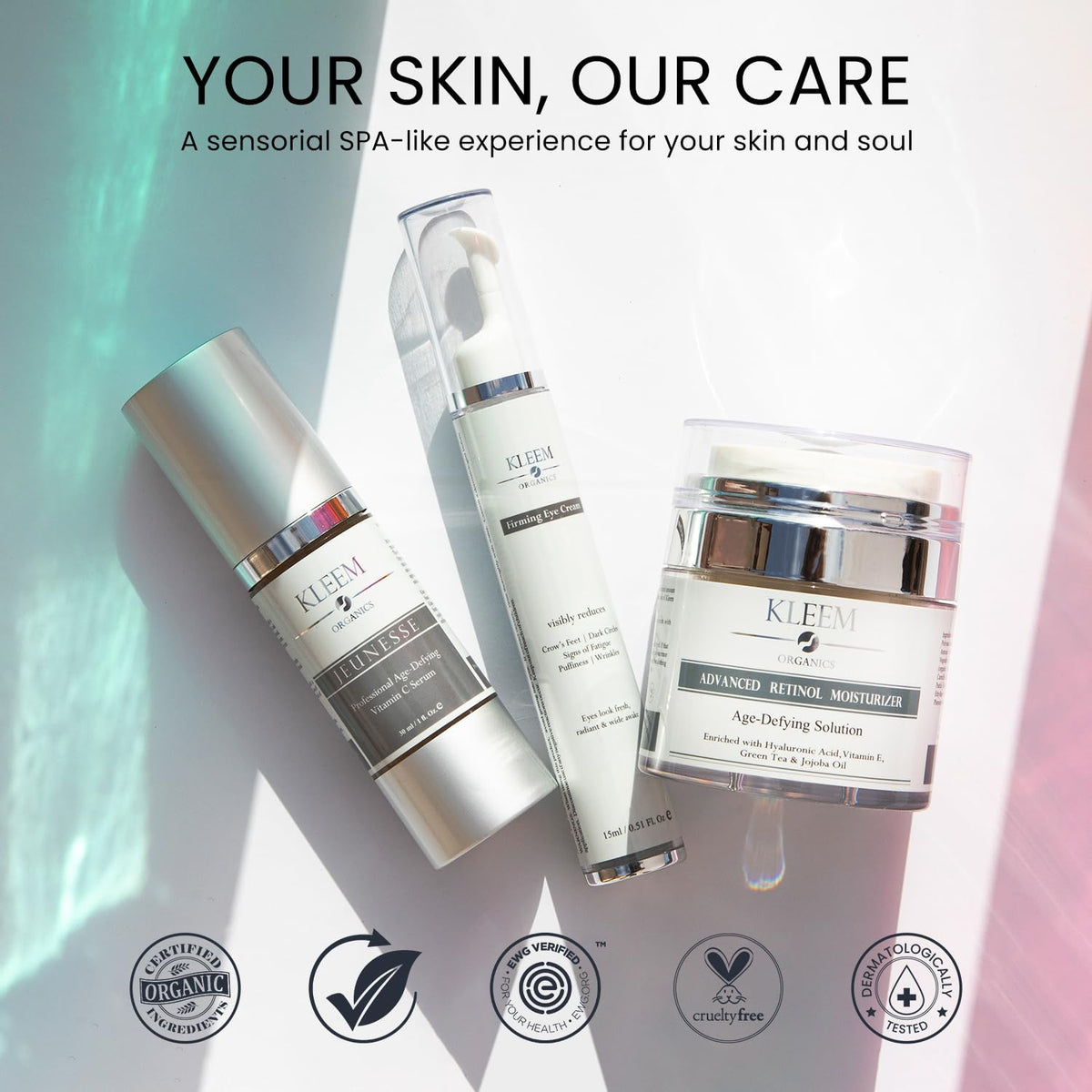 hand applying Kleem Organics serum demonstrating easy spreadability and non-greasy finish