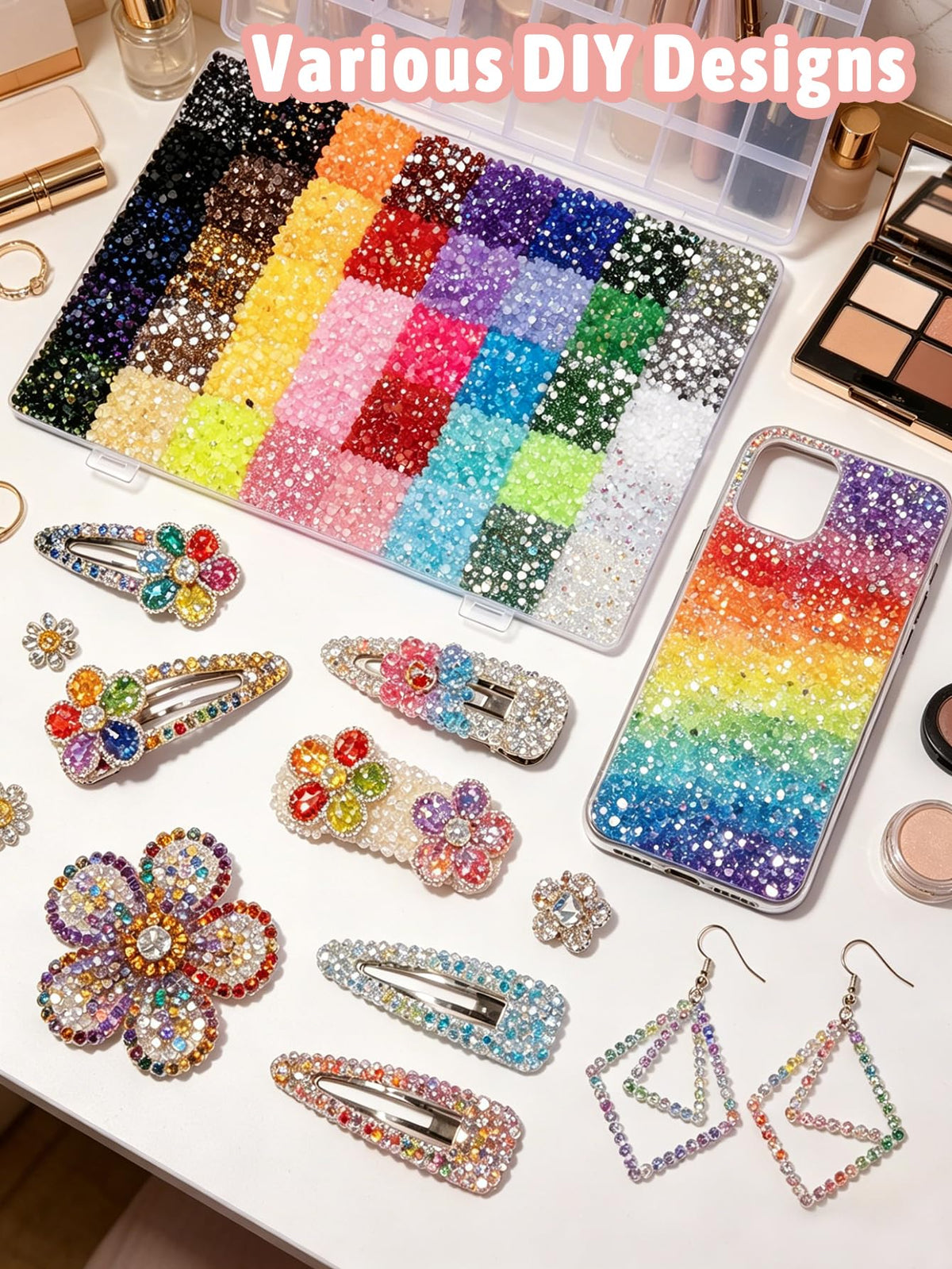 Klimonla close-up swatch of 40 colors showing vibrant resin rhinestone variety for design options