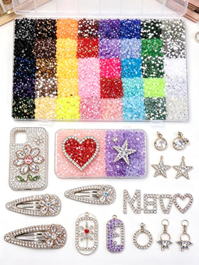Klimonla containers filled with rhinestones showing scale and ample supply for many projects