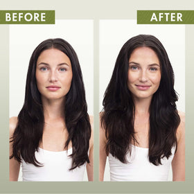 Before and after on dark hair using Klorane showing reduced oiliness benefit
