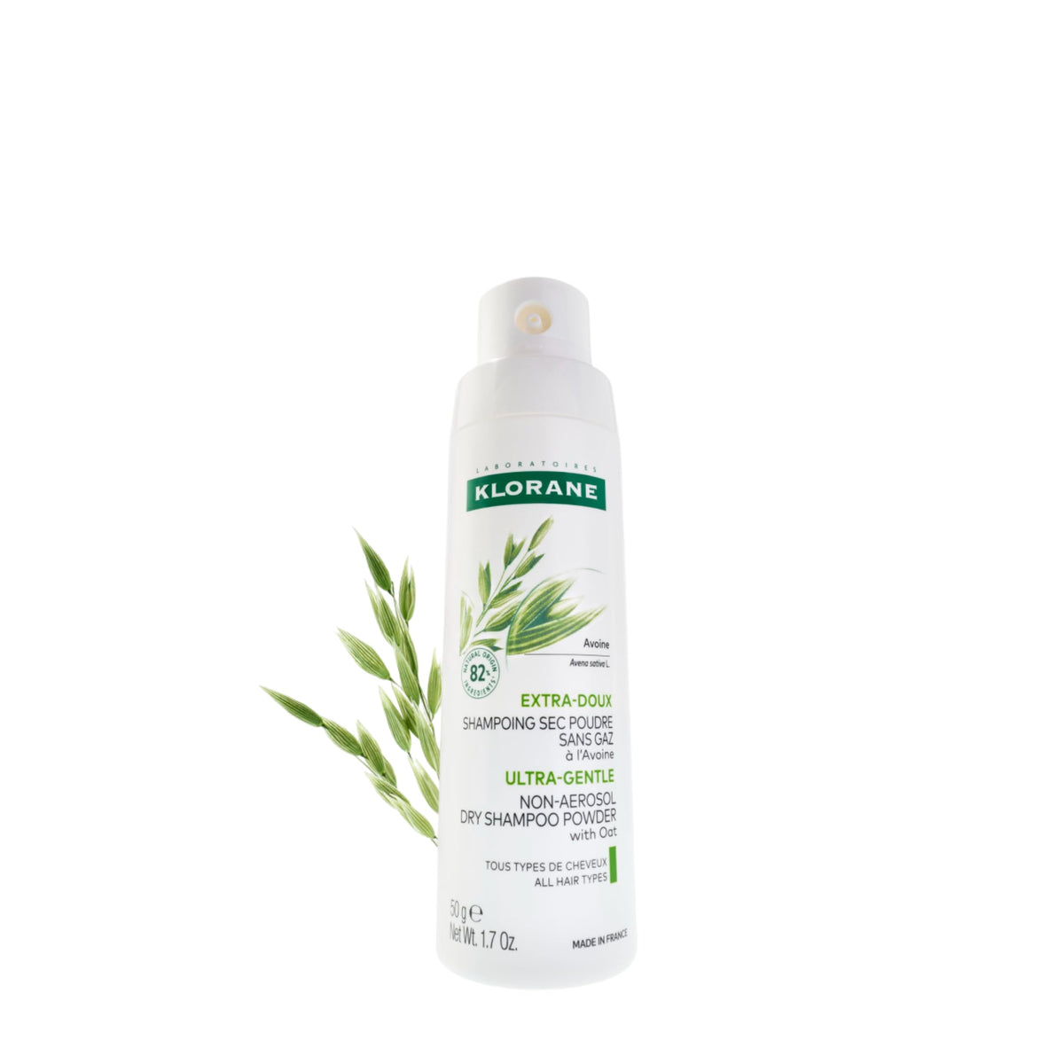 Klorane front packaging of 1.7 oz dry shampoo showing bottle and label benefit