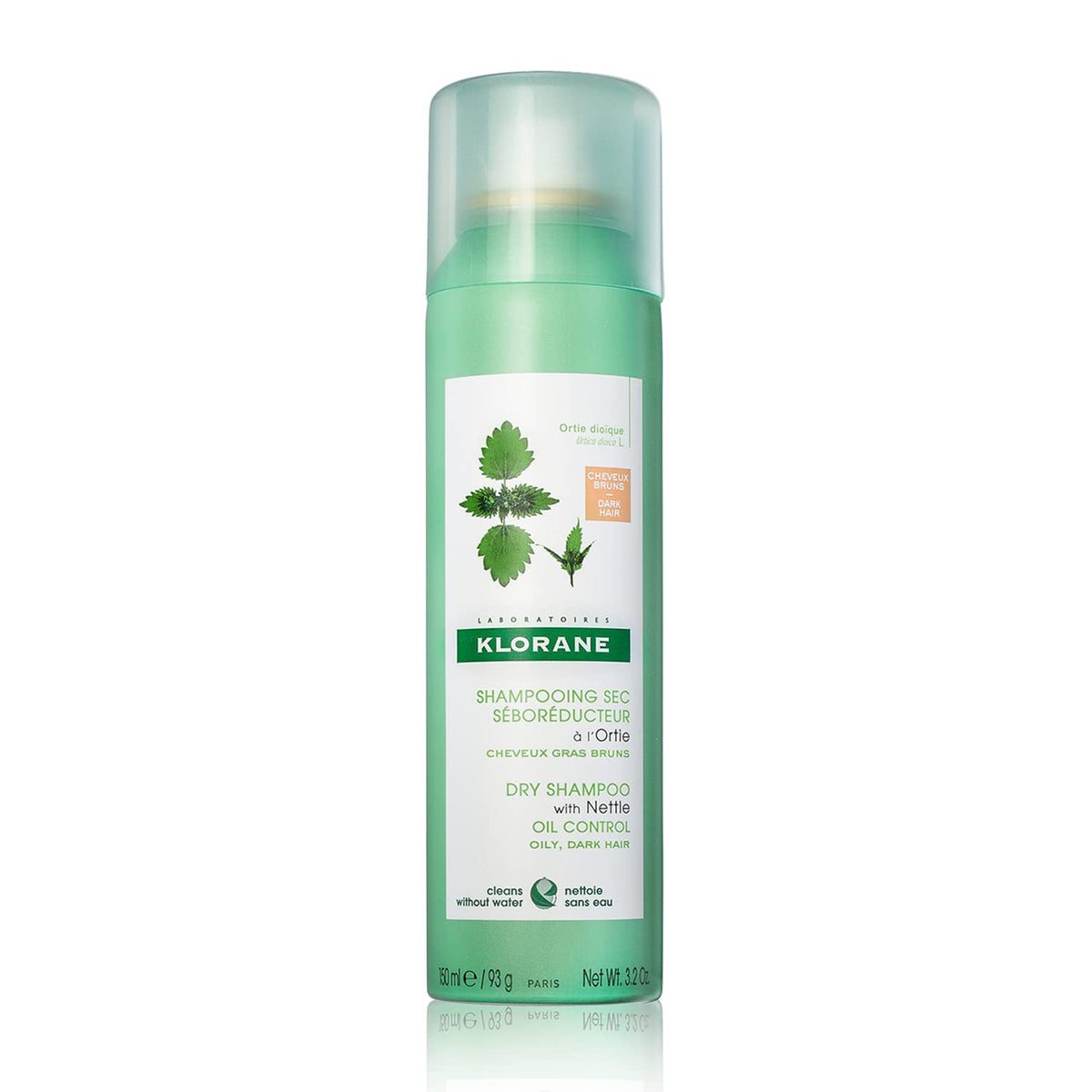 Klorane can front packaging showing nettle tinted dry shampoo benefit of oil control
