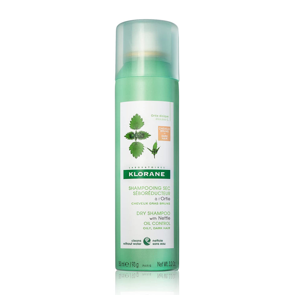 Klorane can front packaging showing nettle tinted dry shampoo benefit of oil control