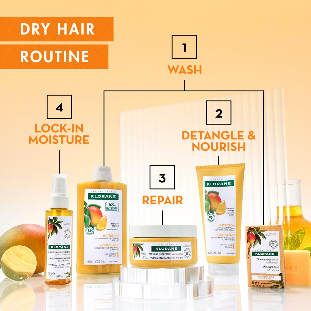 Klorane shampoo on bathroom shelf evoking hydrated hair routine