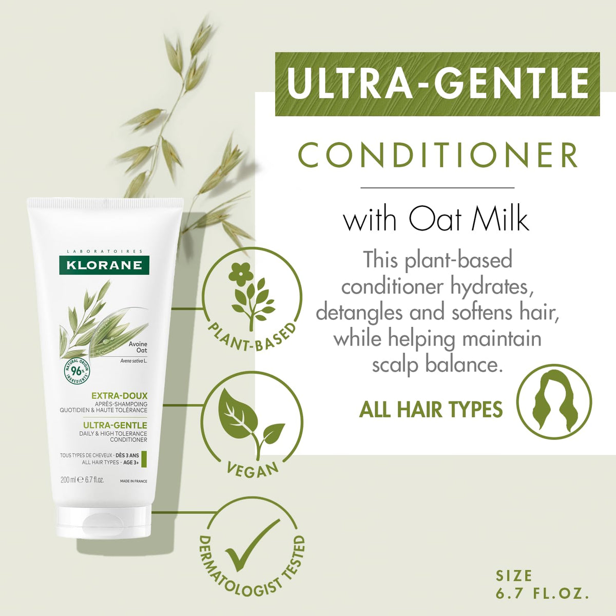 Close-up texture of Klorane oat milk conditioner highlighting creamy, lightweight feel