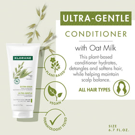 Close-up texture of Klorane oat milk conditioner highlighting creamy, lightweight feel