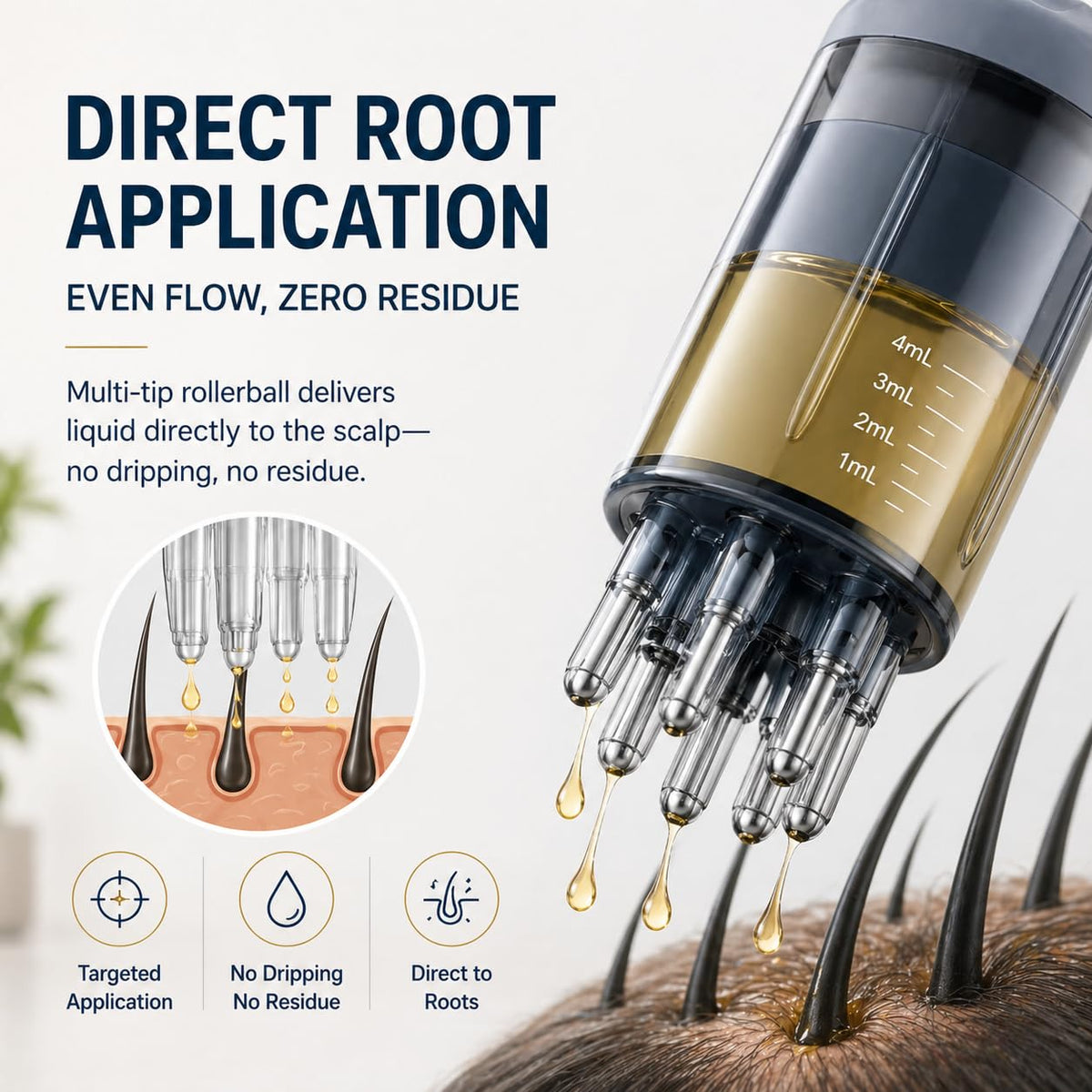 KLXXUJK applicator in use on scalp delivering targeted root application