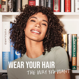 KMS HairStay before and after image reducing frizz and taming flyaways with visible smoothness
