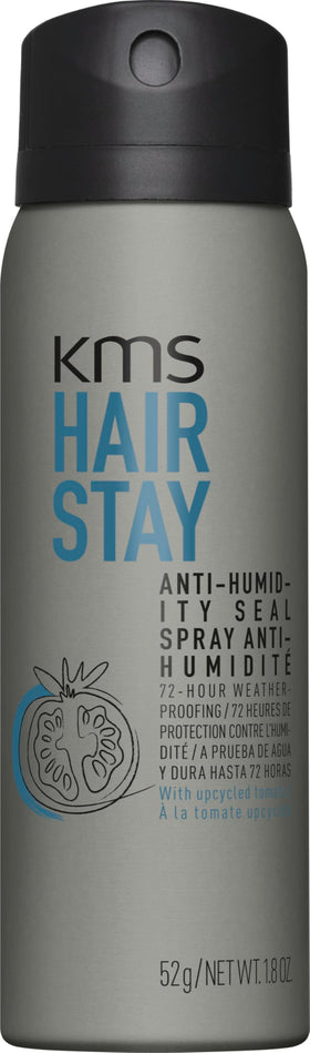KMS HairStay front packaging showing compact 75ml bottle and branding for travel-friendly shine