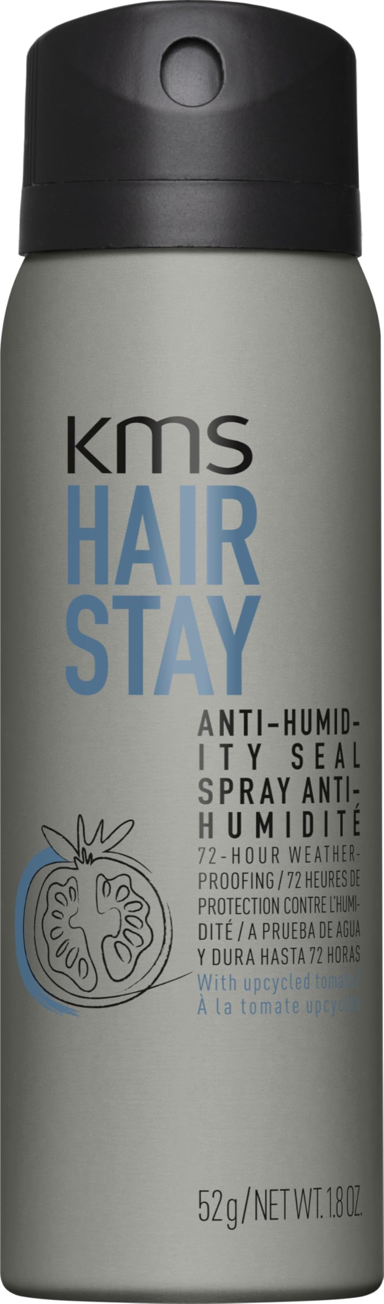 KMS HairStay front packaging showing compact 75ml bottle and branding for travel-friendly shine