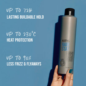 KMS can next to a hand to show 300ml scale and travel-ready convenience