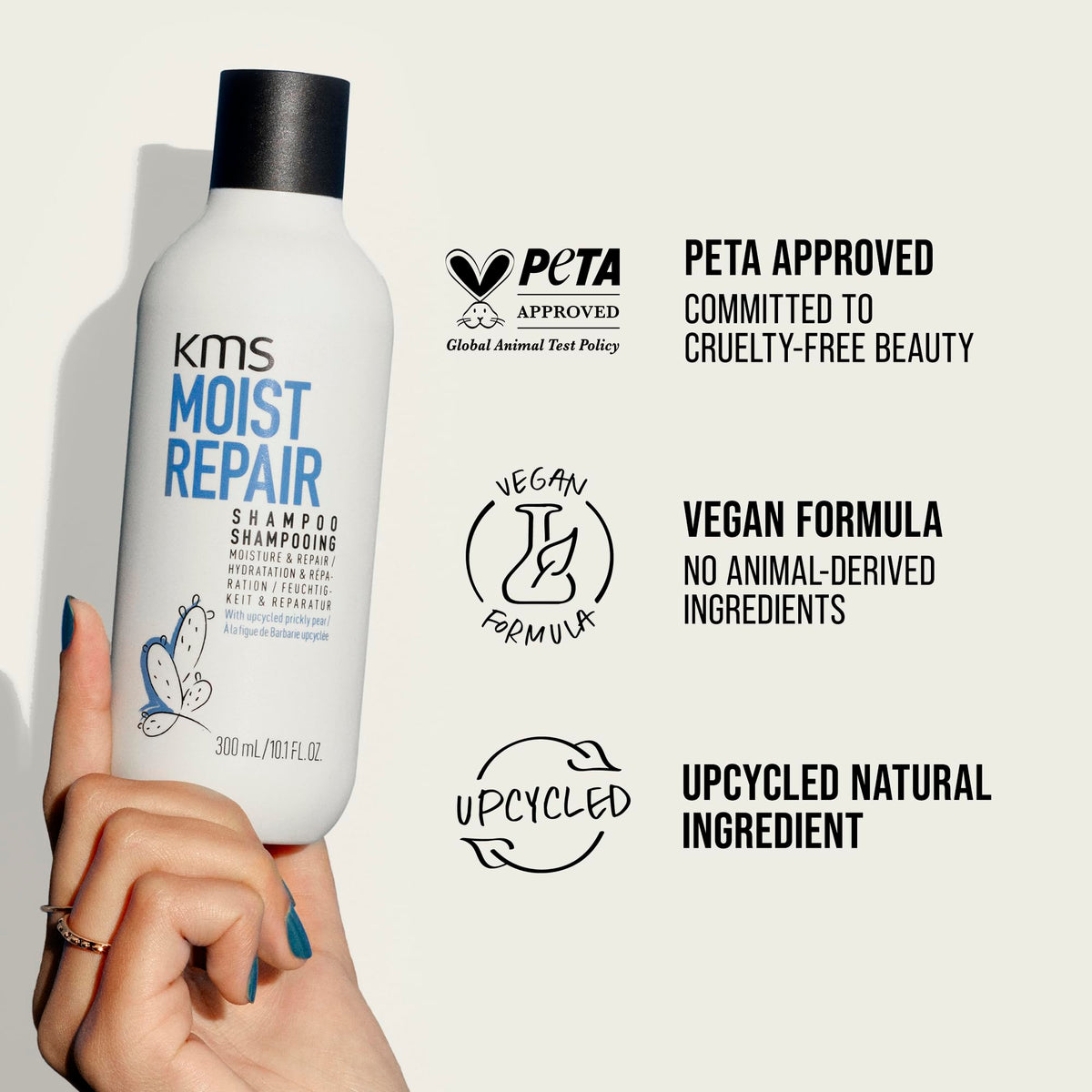 KMS MoistRepair bottle on bathroom shelf lifestyle shot conveying daily haircare ritual