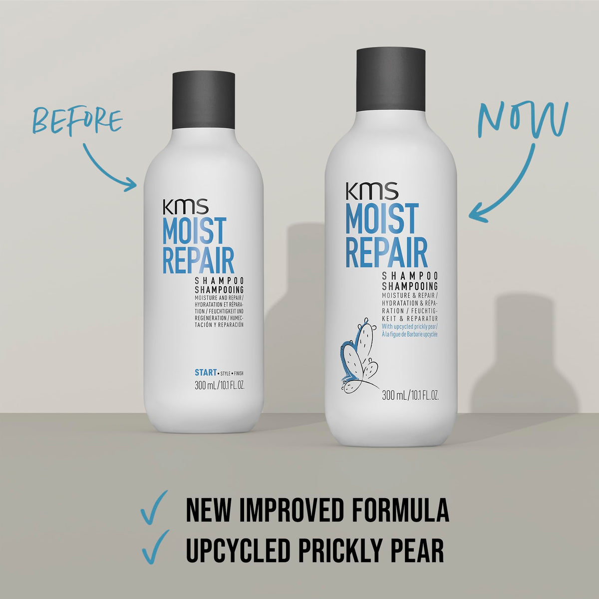 KMS bottle held in hand to show 10.1 oz size and travel-friendly scale
