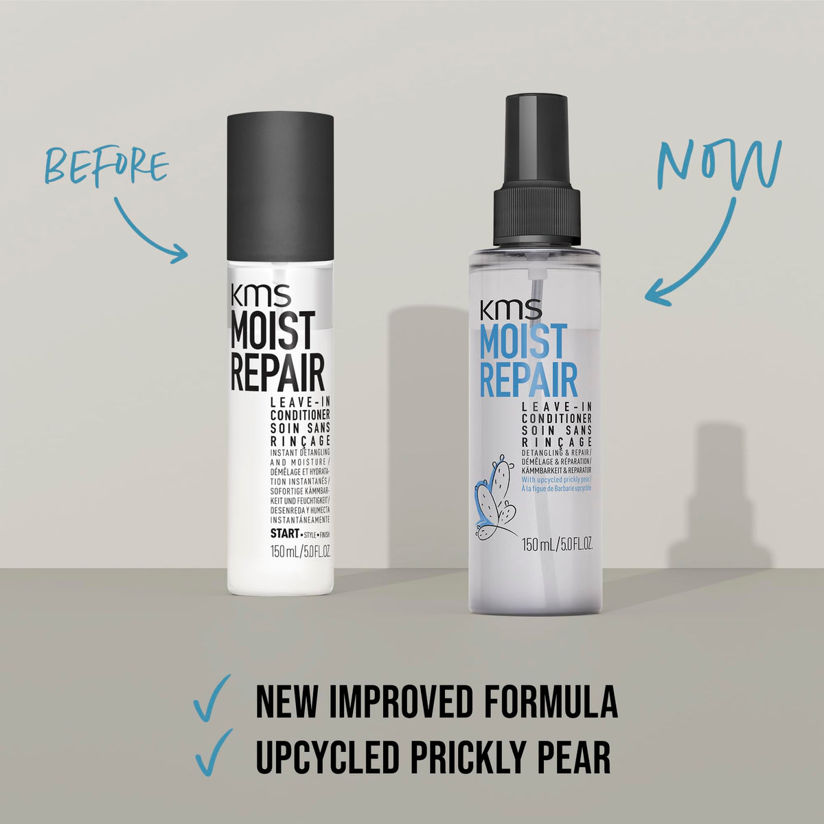 KMS spray being applied to towel-dried hair for easier styling and heat prep
