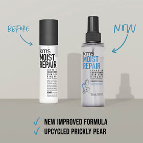 KMS spray being applied to towel-dried hair for easier styling and heat prep