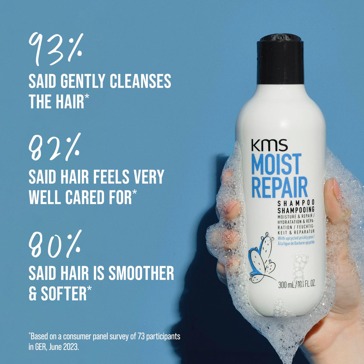KMS MoistRepair shampoo being applied in shower showing gentle cleansing and hydration
