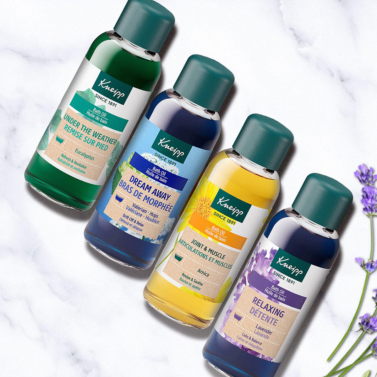 Kneipp bath oils dispersed in tub showing aromatic steam and calming soak benefit