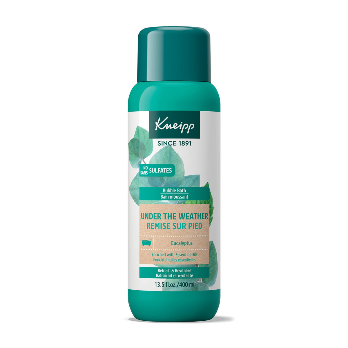 Kneipp bottle front view showing eucalyptus scent and clean design benefit