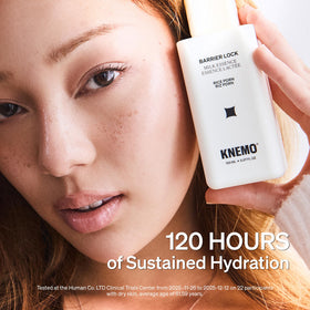 KNEMO hand applying milk essence showing easy layering and absorption