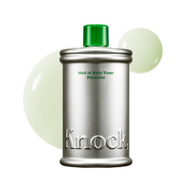Knock front packaging showing bottle and pistachio scent, highlights sustainability