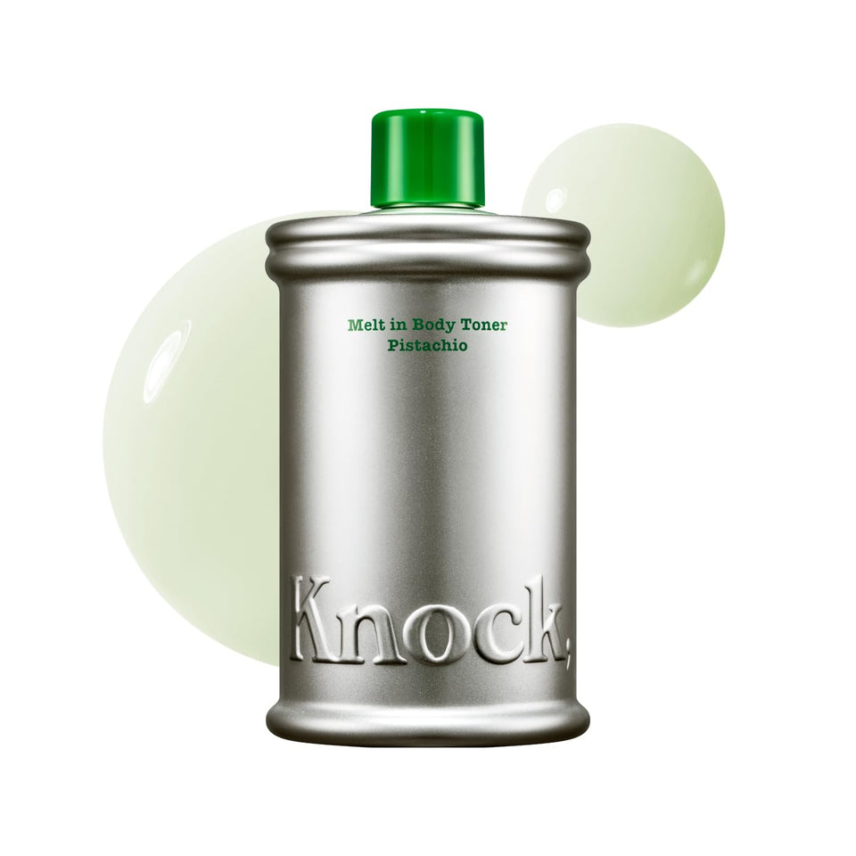 Knock front packaging showing bottle and pistachio scent, highlights sustainability