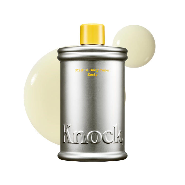 Knock bottle front packaging showing zesty citrus scent and clear benefits