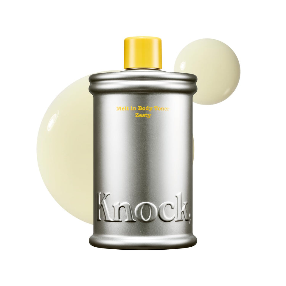 Knock bottle front packaging showing zesty citrus scent and clear benefits