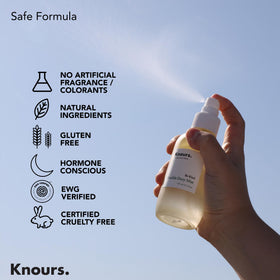 Knours label detail featuring ingredient list and clean-beauty promise