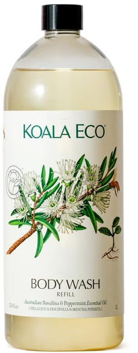 Koala Eco front bottle showing rosalina peppermint label and recyclable benefits
