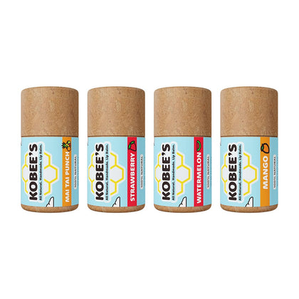 KOBEE'S lip balm front packaging showing four flavor tubes and eco benefits