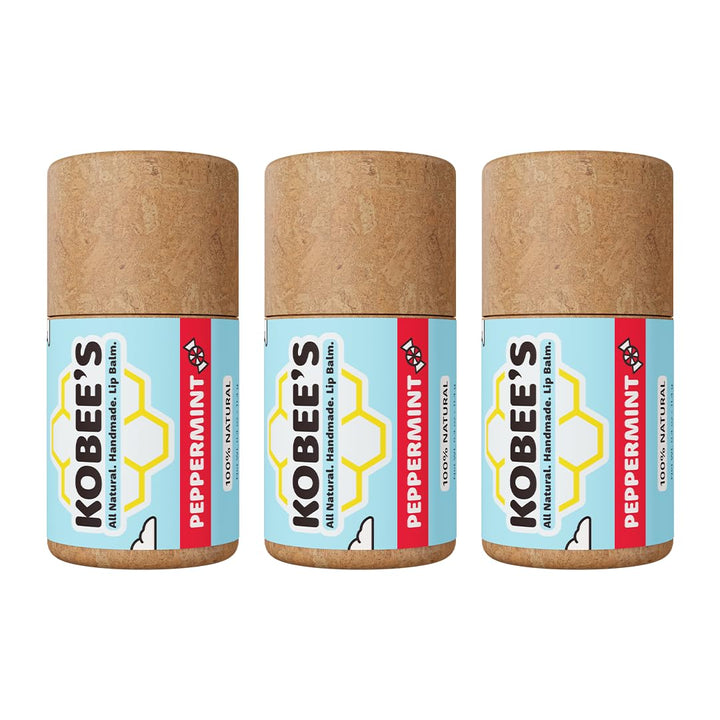 KOBEE'S ALL NATURAL front packaging showing three peppermint lip balms and eco benefit